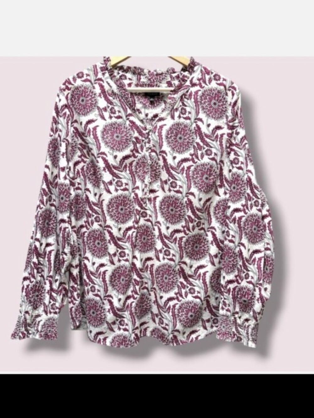 Talbots XL Pink White Dahlia Cotton Ruffle Neck Smocked Cuff Button Front Blouse